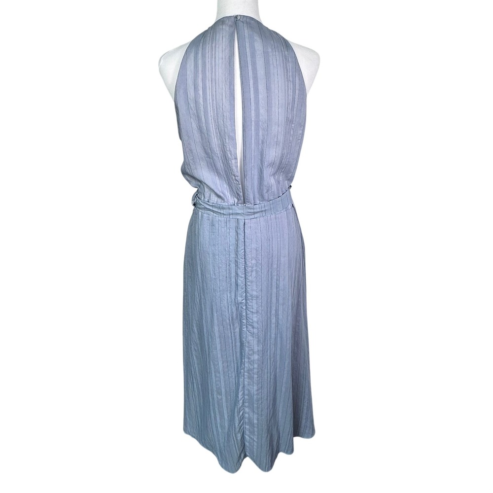 CHLOE DAO Women Large Pale Blue Pinstripe Sleeveless Tie Waist Halter Midi Dress - Picture 3 of 9